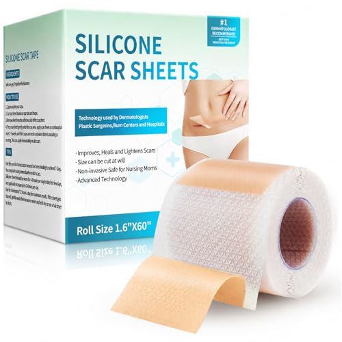 Rvlaim Medical Grade Silicone Scar Sheets (1.6x 60 Roll-1.5M) Professional Silicone Scar Tape for Surgical C-Section Keloid Burn & Acne Scars - Reusable Waterproof Stickiness Upgrade