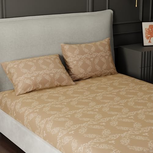 Image of BLISSHOME Everlast 150TC King Size Fitted Bedsheet with 2 Pillow Covers, Aesthetic Bedding, Wrinkle Resistant, 100+ Wash Durable, Quick Dry, Elegant Ornate Pattern - Beige (183cm x 198cm + 25cm Drop)