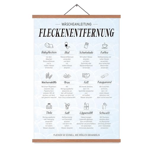 EASTJOY Waschküche Poster,Leitfaden zur Fleckenentfernung,Waschguide,Waschanleitung Poster,Deutsch,mit Teak Holz Posterleiste 60X40cm(A2)