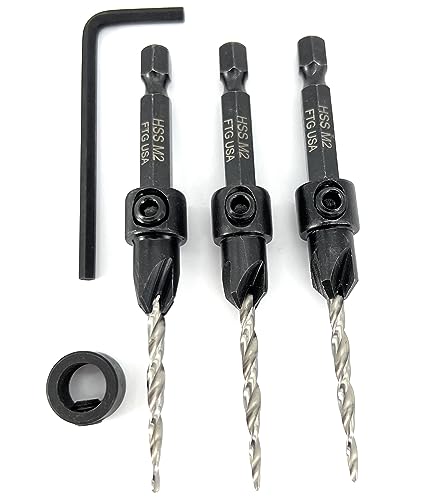 Image of FTG USA #6 (9 /64 inch) Wood Countersink Drill Bit 3-Pc Set with 3 /8 inch Depth Stop