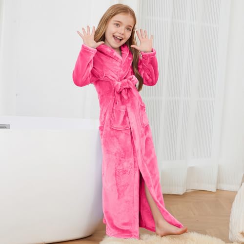 Image of Jxstar Girls Bathrobes Kids Long Hooded Robes Plush Full Length Coral Fleece Pajamas Sleepwear