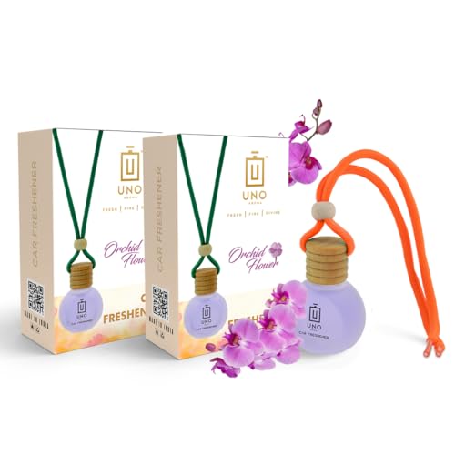 Image of UNOAROMA Orchid Car Air Freshener, Long Lasting Hanging car perfume, Toxin-Free Oil in Glass Bottle with Wooden Diffuser, Car Accessories for fresh aroma, Last Upto-60 Days (15mlx2)