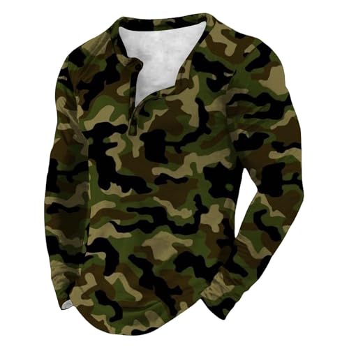 Mens Camo Henley Shirts Fall Trendy Long Sleeve Casual Button V Neck Pullover Tops Lightweight Tactical Sweatshirts
