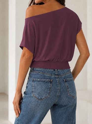 Image of SOFIA'S CHOICE Women's Off The Shoulder T Shirt Crop Top Casual Summer Dolman Sleeve Asymmetrical Cinched Waist Tops