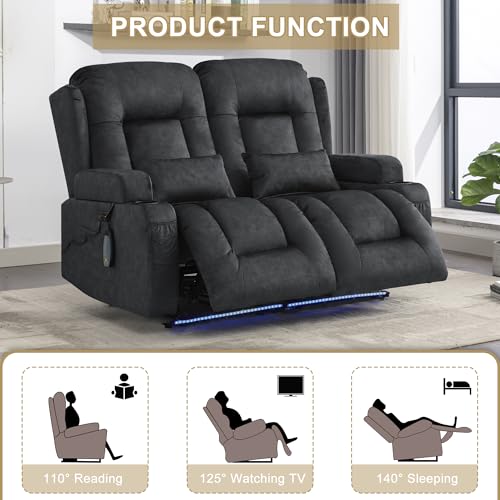 Image of URRED Power Loveseat Recliner Sofa with Massage and Heat, Wall Hugger Reclining Loveseat, RV Couch Home Theater Seating with LED Lights for Living Room (Dark Grey, 54 inch - 2 Seats)