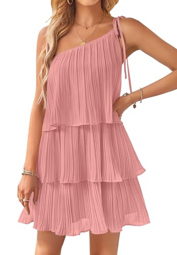 Image of ZESICA Women's Boho Summer One Shoulder Sleeveless Ruffle Tiered Layered Chiffon Pleated A Line Flowy Mini Dress