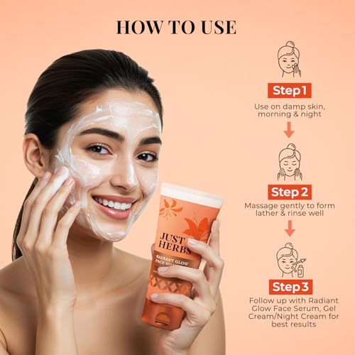 Image of Just Herbs Radiant Glow Face Wash | Deeply Cleanses & Brightens Skin | Instant Glow from First Wash | Mandarin, Saffron, Vitamin C, Niacinamide | Dermatologically Tested - 100ml