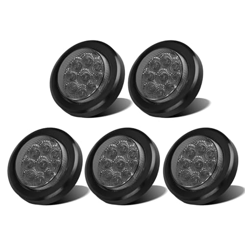 Partsam 5Pcs 2 Inch Round Led Marker Lights 9 Red Diodes Smoked w Reflectors Truck Trailer Rv Flush Mount Waterproof 12V 2 Round Red Led Marker Lights Kits with Grommets and Pigtails