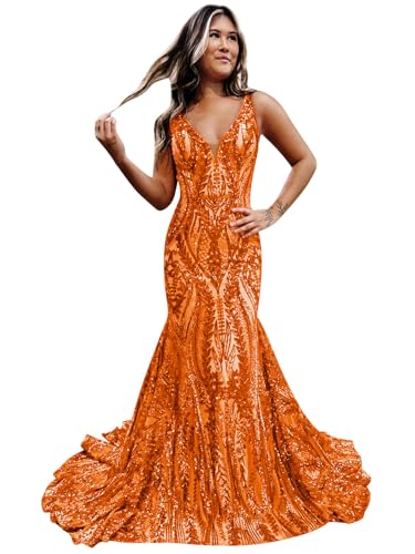 Bolodoo Mermaid Prom Dress Long Sequins Bodycon Sparkly Formal Wedding Guest Party Gowns Orange Size...
