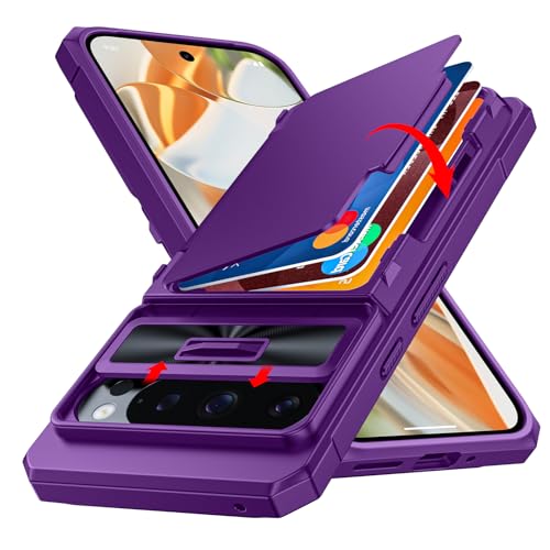 CENMASO for Google Pixel 9 Pro Case/Pixel 9 Case with Card Holder (4 Cards) & Sliding Camera Cover & KickstandRFID Blocking Full-Body Shockproof Wallet Phone Case for Pixel 9/9 Pro-Purple