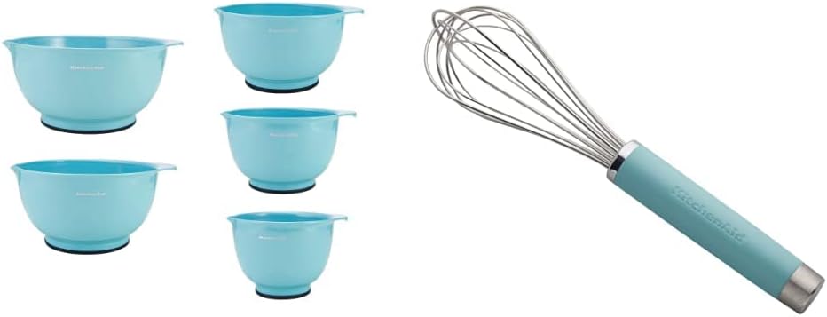 KitchenAid Classic Mixing Bowls, Set of 5, Aqua Sky 2 & Gourmet Utility Whisk, 10.5-Inch, Matte Aqua Sky