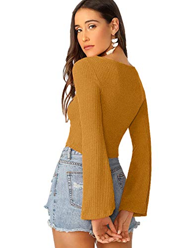 Image of SweatyRocks Women's Adjustable Drawstring String Long Bell Sleeve Rib Knit Sexy Crop Top Yellow L