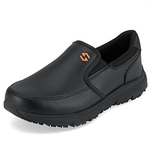 NINGO Non Slip Work Shoes for Men Water & Oil Resistant Leather Slip on Chef Kitchen Shoes Lightweight Comfortable Mens Slip Resistant Walking Shoes for Restaurant Service Black