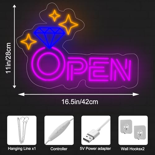 Image of Diamond Open Indoor Neon Sign For Jewelry Store Business Open LED Light | USB Powered Dimmable Diamond Storefront Wall Art Diamond & Sparkle Stars Wall Decoration, 16.5 inchx11 inch, Purple