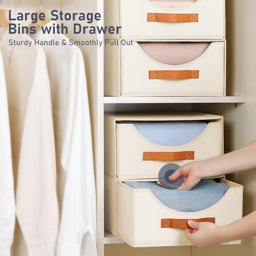 Homsorout Wardrobe Storage Organiser - 3 Pack Foldable Stackable Storage Drawers Box,Fabric Storage Baskets for Clothes Organization,Shelves,Bedroom,Living Room, Beige - Image 4