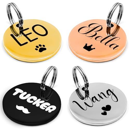 Personalized ID Tags for Cats and Dogs with Lovely Symbols – Small and Regular Pet Collar Name Accessories, Custom Engraved Stainless Steel (Round Silver Regular)