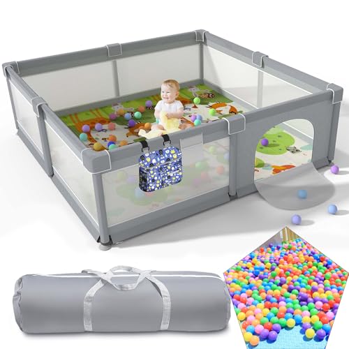 Parque infantil, que incluye 50 bolas oceánicas, parque interior y exterior, red transpirable alrededor, con ventosas (120x120x65 cm, gris)