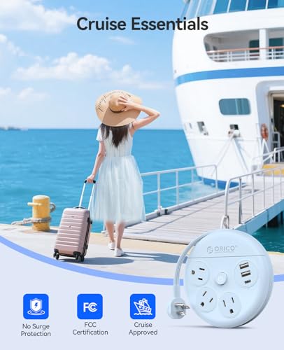 Image of ORICO Power Strip with USB Ports, 4Ft Wrapped Extension Cord with Multiple Outlets, 3 Outlets & 3 USB Ports (1 USB C), Flat Plug Power Strip for Cruise /Home /Office /Dorm Essentials, Blue