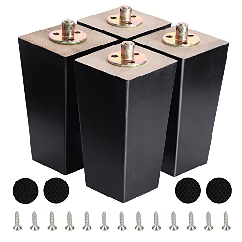 6 Inch Wood Furniture Legs, Wooden Couch Sofa Leg Feet Set of 4, Mid-Century Modern Black Square Replacement Legs for Sectional Nightstand Armchair Recliner Table Dresser Sideboard