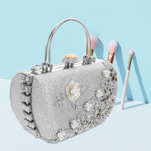 Pochette à fleur argenté en cuir synthétique avec perles