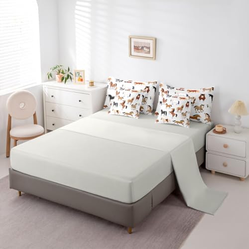 Image of Erosebridal Cartoon Horse Comforter Set 7 Piece Bed in a Bag Twin | Western Bedding Sets Cowboys Wildlife Farm Animals Comforter and Sheet Set, Rustic Farmhouse Bed Sets,Plain White