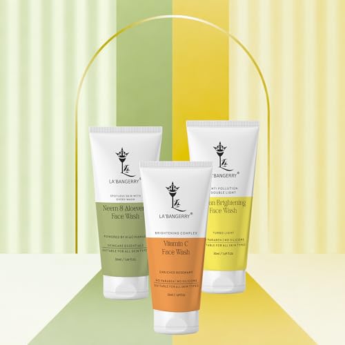 Image of LA'BANGERRY Vitamin C + Ubtan + Neem Aloe Vera Face Wash Combo | Brightening & Deep Cleansing | Reduces Dark Spots & Blemishes | 50mlx3 (150ml)