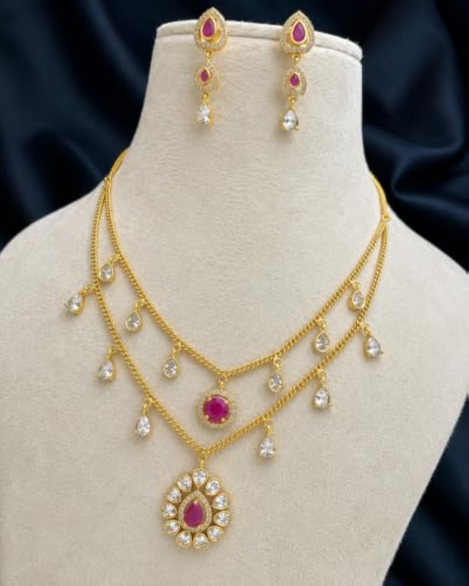 Gold Plated Ruby Pink Layered Necklace Set for Women