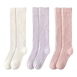 3 Pairs Women's Fluffy Knee High Socks - Ladies Thick Warm Over Knee Leg Warmers for Winter - Extra Long Cosy Fashion Boot Wear in White, Pink and Purple