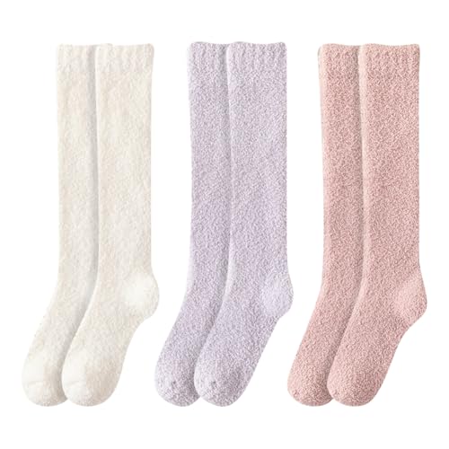 3 Pairs Womens Fluffy Knee High Socks - Ladies Thick Warm Over Knee Leg Warmers for Winter - Extra Long Cosy Fashion Boot Wear in White Pink and Purple