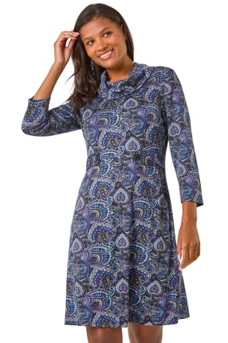 Image of Roman Cowl Neck Dress for Women UK - Ladies Button Detail Shift Work Office Autumn Winter Knee Length Casual 3/4 Full Length Sleeve Round High Warm Neckline - Purple - Size 18