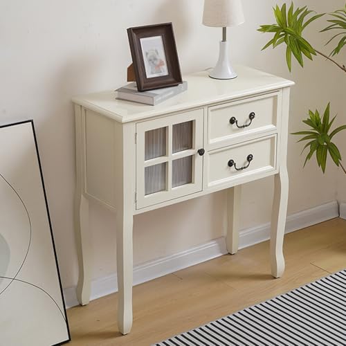 Consola moderna para sofá en madera maciza SEIFE con cajones acabados en blanco 2