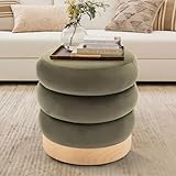 COLAMY Velvet Ottoman Footstool, Tufted Modern Foot Rest Stool with Wood Base for Living Room, Desk,Bedroom, Round Versatile Side End Table, Pouf, Makeup Seat-Green