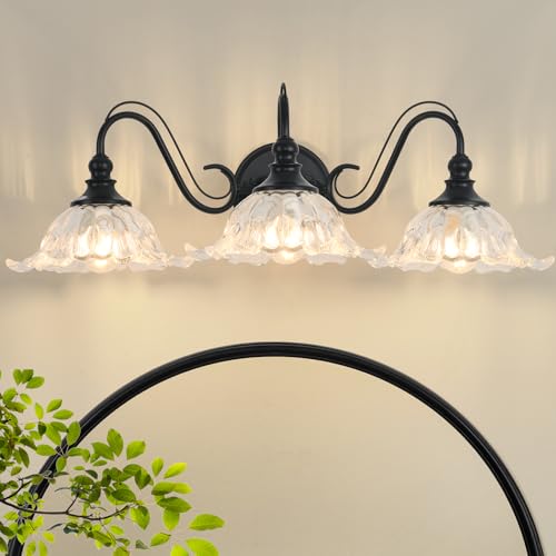 Pandaluna Vintage Bathroom Vanity Light Fixture, 3-Light Antique Matte Black Finish with Clear Flower-Shaped Glass Shades, E26 Base, 25.2 Inch Vanity Light Bathroom Lighting Fixtures Over Mirror