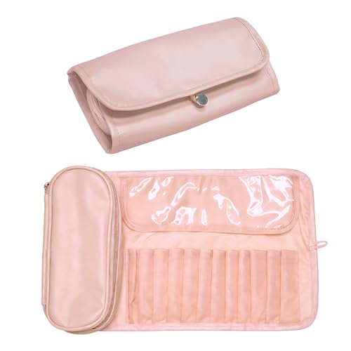Folding Makeup Brush Bag,Travel Toiletry Bag with Separate Brush Compartment for Brushes & Skincare, Toothbrush Holder,Rollup & Open Flat cosmetic Organizer,Portable Waterproof &Hanging (Pink)