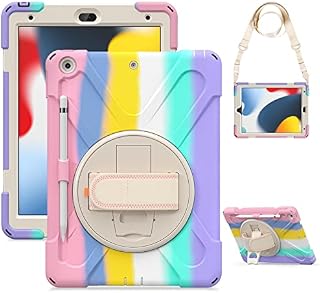 Gerutek iPad 10.2 Case 2021/2020/2019 Shockproof, iPad 9th/8th/7th Generation Case Heavy duty with 360 Rotating Stand/Hand Strap & Shoulder Strap Protective Cover for iPad 10.2, Colorful Pink
