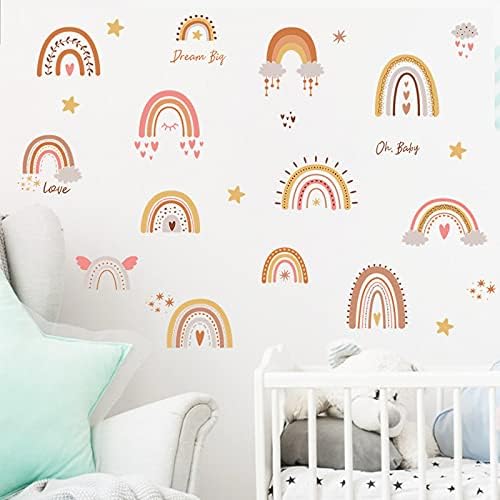 Boho Rainbow Wall Decor Stickers Boho Wall Décor Watercolor Rainbow Heart Star Wall Stickers for Girls Boys Baby Bedroom Nursery Classroom Kids Play Room Home Décor