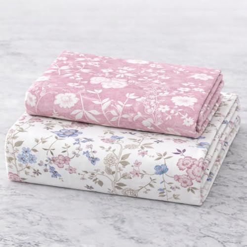 Image of Blue Strip Polycotton Fitted Bedsheet, Single 42x75 (White+Pink gulab) | 300 TC | All-Round Elastic Grip | Soft, Breathable & Colourfast | Wrinkle Resistant | Machine Washable