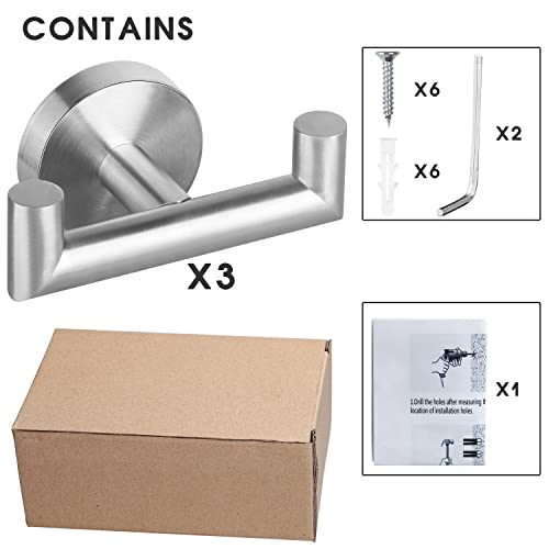 3 Pack Towel Hooks For Bathroom Silver Wall Mount Robe Hook Double Towel Hook Towel Holder For Kitchen Bathroom Hallway Toilet Pool For Hanging Towels, Robe, Coat, Clothes,Bags, Sponges #TOP6