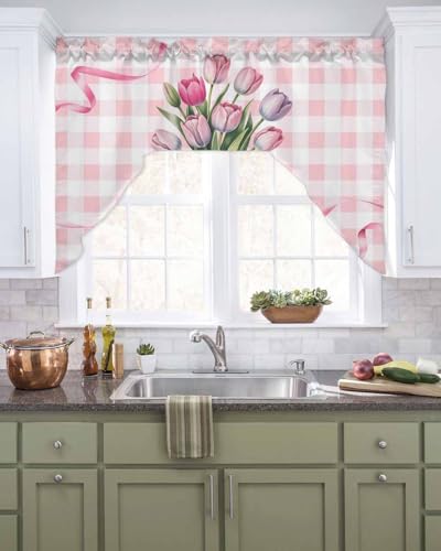 Pink Tulip Spring Floral Swag Valances for Kitchen Window, Half