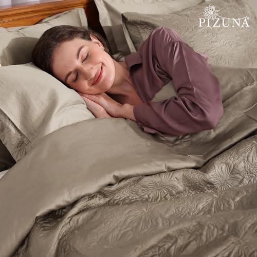 Image of Pizuna Luxurious Cotton Bedspread with 2 Pillow Covers, 400 Thread Count Long Staple Quilted Bed Spread with Soft Polyfill 102X102 Inch Embroidered Cover for Super King Bed, Simply Taupe