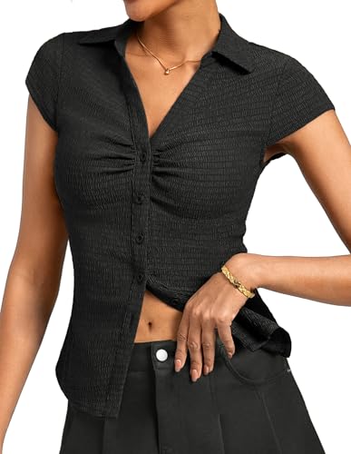 Women Textured Button Down Blouse, V-Neck Ruched Tops with Y2K Collar, Slim Fit Short Sleeve Going Out Casual Shirt(Black, M)