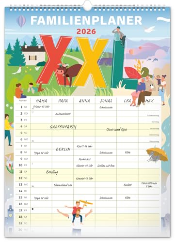 NOTIQUE Calendrier mural XXL 2026 – Planning mensuel utilisable comme planificateur familial avec 6 colonnes – Calendrier mensuel Calendrier familial 33 x 46 cm (famille XXL)