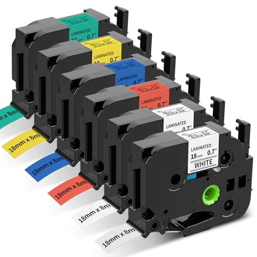 Upwinning Tze 18mm bänder Kompatibel mit Brother P touch bänder 18mm, Schwarz auf Weiß/Transparent/Rot/Blau/Gelb/Grün,Kompatibel mit Brother P-touch D410 D400/VP D450 1830/VP Beschriftungsgerät, 6PK