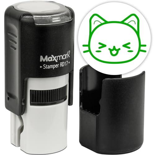 MaxMark RD17 Round Self Inking Cat Emoji Stamp - Laughing - Green Ink