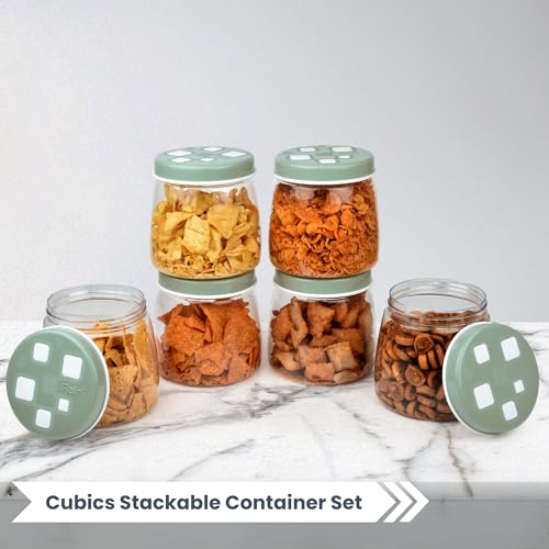 Image of FLAIR Cubics Airtight Food Storage Containers Set of 6 (1000ml each) with Spoon - Green, BPA-Free, Transparent, Durable & Space-Saving Jars for Kitchen, Pantry, Snacks, Grains & More