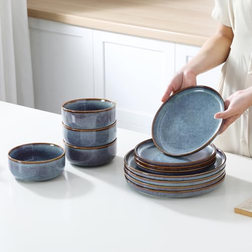 vancasso PLAYA Plates and Bowls Sets, 12 Pieces Grey-Blue Dinnerware Sets for Kitchen, Reactive Glaze Dishes Set for 4, Dishwasher and Microwave Safe - Thumbnail 6
