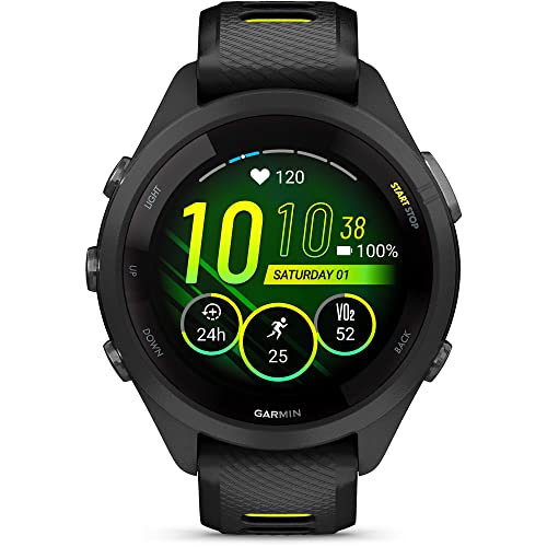 Image of Garmin Forerunner 265S Running Smartwatch, Colorful AMOLED Display, Training Metrics and Recovery Insights, Black and Amp Yellow, 42 mm (Renewed)