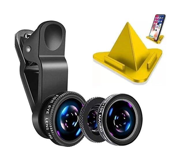 Original 3in1 Set Mobile Professional HD Camera Lens: 180° Fisheye Lens+Wide Angle+10x MM Macro Lens with Bag Clip Holder Kit for All Smart Phones, Tablets, iOS, Android & Mobile Stand Free