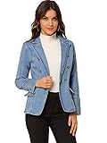 Allegra K Women's Jean Jacket Lapel Long Sleeve Work Denim Blazer with Pockets Large Baby Blue