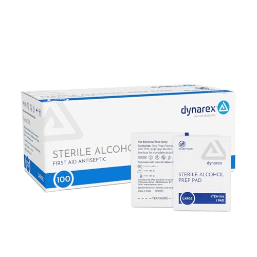 Dynarex DynaSafety Sterile Alcohol Prep Pads - Large - 70% Isopropyl Alcohol, Individually Wrapped, Soft Cleaning Wipes - 100 per Box